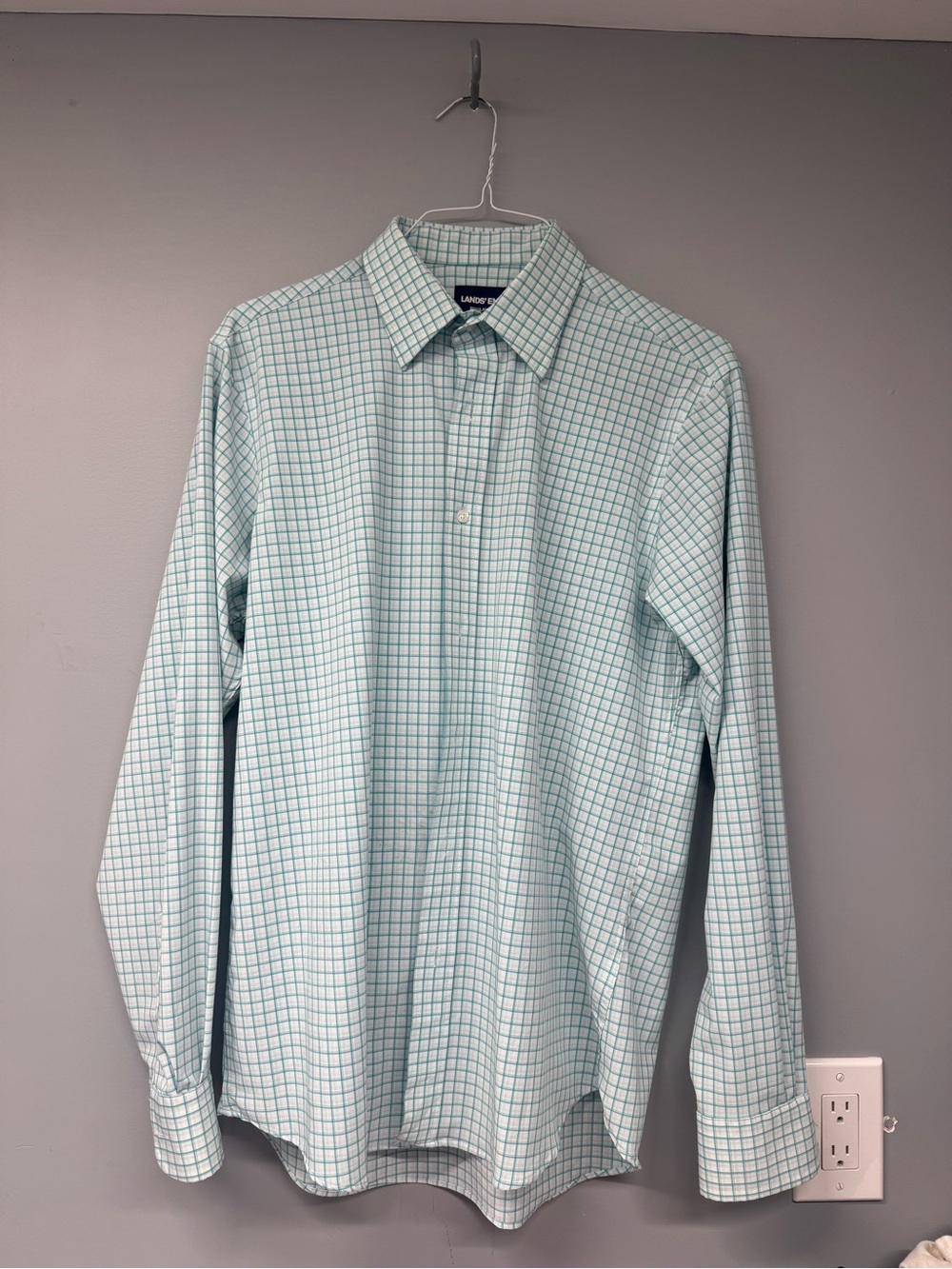 Lands' End Men's Light Green Plaid Dress Shirt